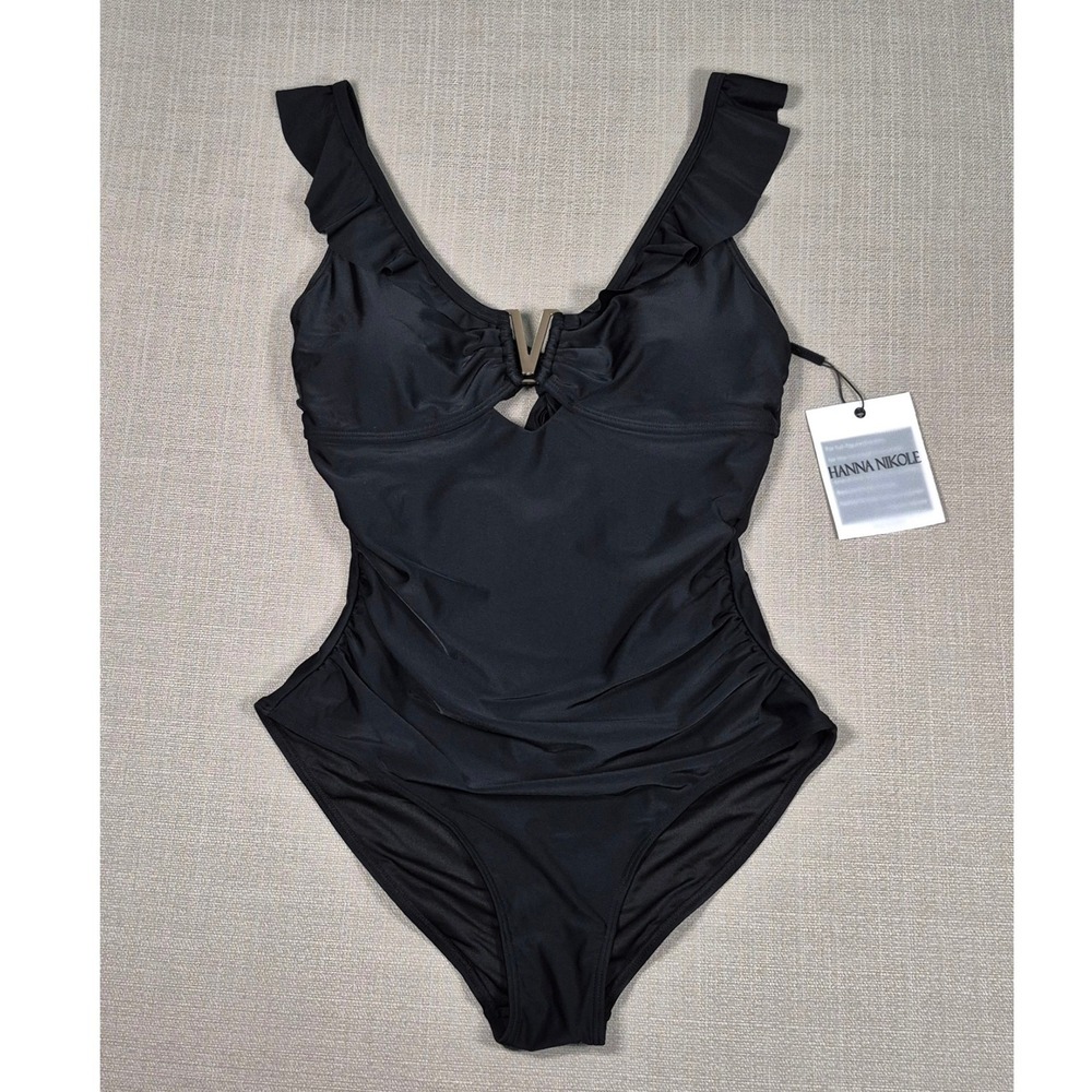 Hanna Nikole Black One Piece Swimsuit Ruffle V-Neck Tummy‎ Control Size L NWT